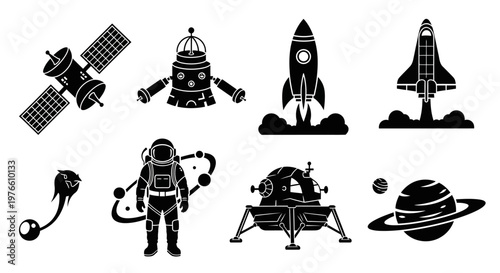 Space Exploration Icons: Rocket, Astronaut, Satellite, Spaceship, Planet, Lander