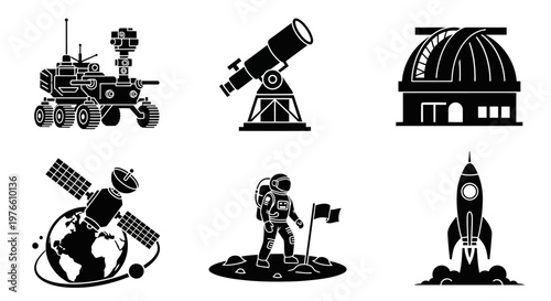 Space Exploration Icons: Rocket, Astronaut, Satellite, Telescope, Observatory, Rover