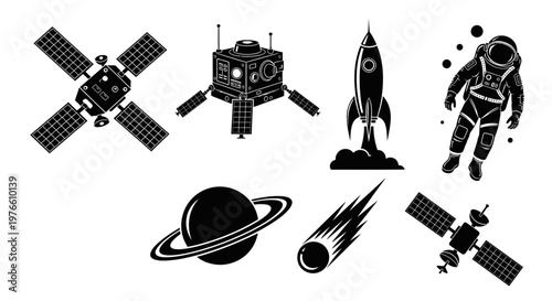 Space Exploration Icons: Rocket, Astronaut, Satellite, Planet, Comet, Spaceship