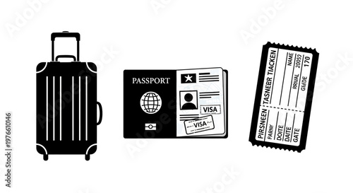 Travel essentials: suitcase, passport, and ticket for vacation or business trip