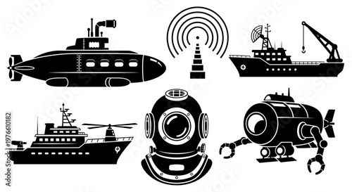 Underwater Exploration and Marine Technology Icons: Submarine, Ship, Robot, Helmet