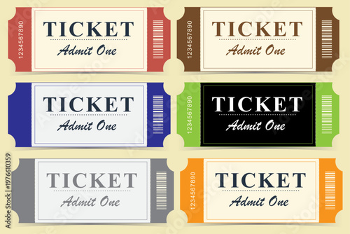 admission tickets, colorful ticket stubs, event entry passes, vector illustrations