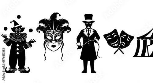 Circus Performance Icons: Juggler, Masquerade Mask, Ringmaster, Theater Masks, Tent