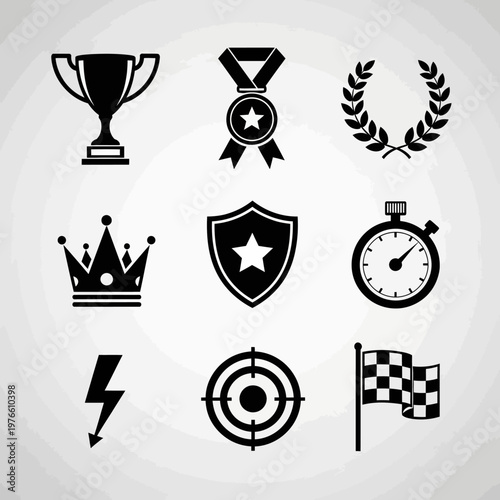 Collection of Achievement and Success Icons: Trophy, Medal, Laurel Wreath, Crown, Shield, Stopwatch, Lightning, Target, Flag