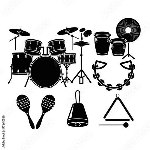 Drum Kit and Percussion Instruments Silhouette Collection