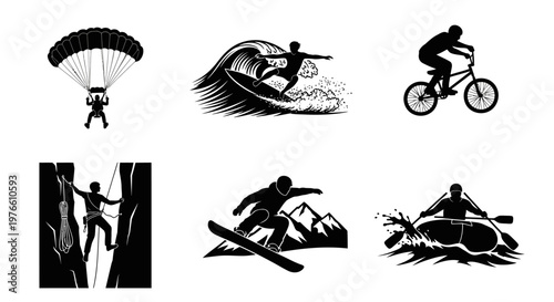 Extreme Sports Icons: Parachuting, Surfing, BMX, Climbing, Snowboarding, Kayaking