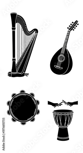 Musical Instruments Silhouette Collection: Harp, Mandolin, Tambourine, Djembe