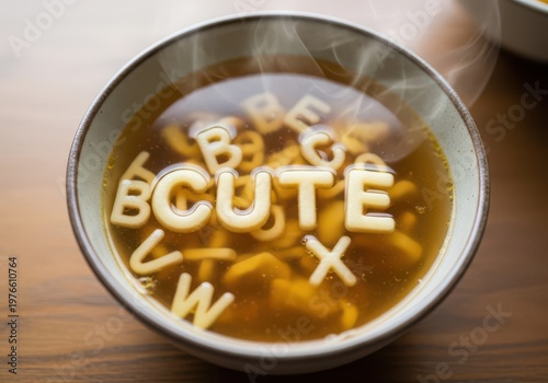 Hot alphabet soup in a ceramic bowl forms the word cute.