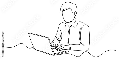 Continuous line drawing of a person sitting at a desk and working diligently on their new laptop