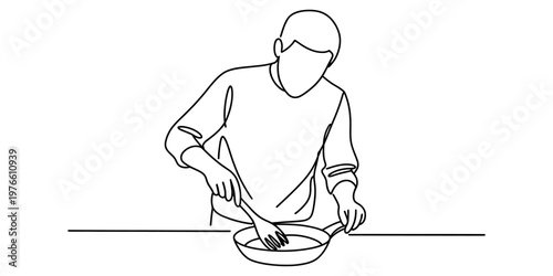 A single continuous line drawing of a person cooking food inside a circular metal frying pan.