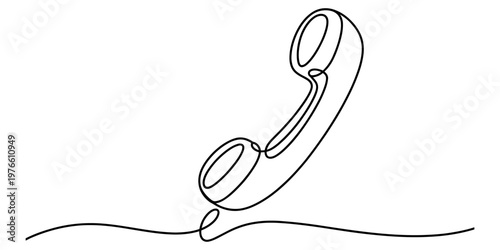 A minimalist single continuous line drawing of a classic vintage telephone receiver on white