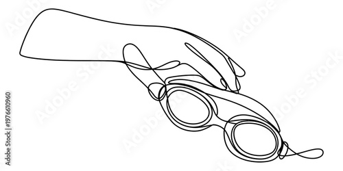A continuous line drawing of a human hand holding a pair of swimming goggles for water sports