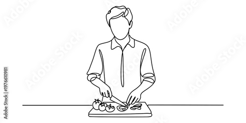 Continuous line drawing of a person focused on carefully slicing fresh tomatoes on a wood board