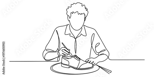 A continuous line drawing of a skilled artisan meticulously painting a leather shoe on a table