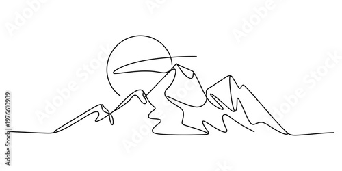 A minimalist continuous line drawing depicting a scenic mountain landscape with a rising sun.