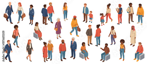 Diverse isometric characters set with families, seniors and children together.