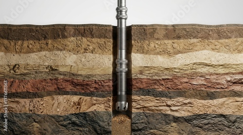 The concept of deepwater subsurface extraction is shown as a drill bit penetrates a diverse, layered wellbore formation.