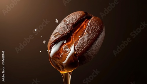 Macro of roasted coffee bean with flowing golden liquid and sugar crystals, conceptual essence of premium espresso energy.