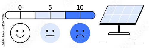 Renewable energy, customer satisfaction, feedback measurement, survey analysis, environmental awareness, energy solutions. happy faces with a rating scale and a solar panel. Renewable energy
