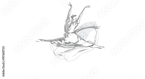 Graceful ballerina silhouette vector illustration jumping in elegant dress with flowing fabric for dance performance art and classical ballet studio.