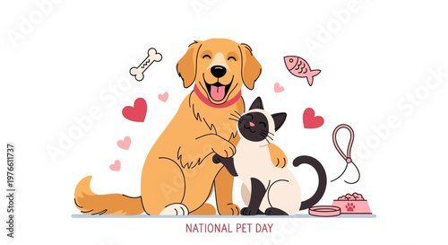 A cheerful golden retriever and Siamese cat celebrate National Pet Day in a vector illustration, surrounded by hearts and pet accessories against a clean white background in a bright