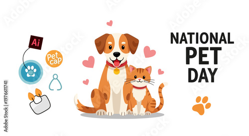 A cheerful vector illustration celebrates National Pet Day with a cute dog and cat sitting side-by-side, surrounded by design elements on a clean white background in a bright, joyful mood