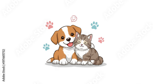 A heartwarming vector illustration celebrates pet day, showcasing a cheerful cartoon dog embracing a contented cat against a clean white background with paw prints and a pastel color