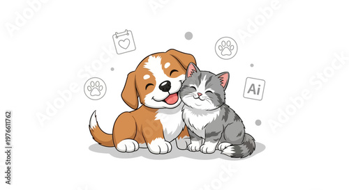 A heartwarming vector illustration celebrates Pet Day with a cheerful puppy hugging a smiling kitten against a clean white background, designed with playful line art and vibrant colors