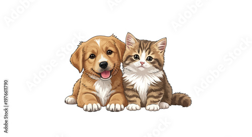 A heartwarming vector illustration celebrates National Pet Day, showcasing a golden puppy and a tabby kitten snuggling together against a clean white background, conveying a cheerful mood