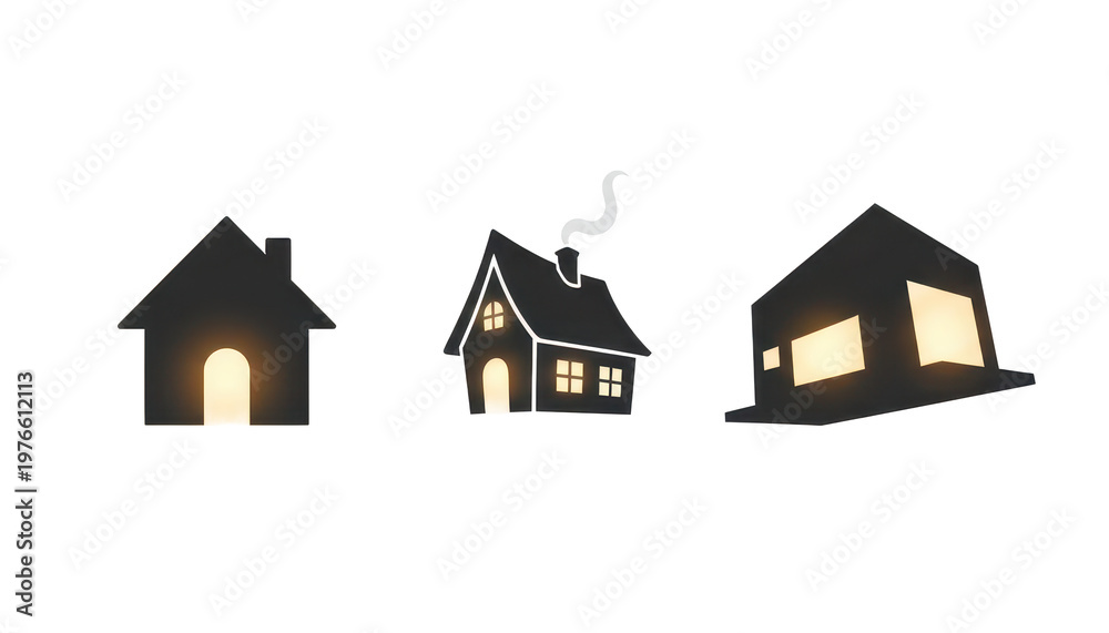 Fototapeta premium Collection of Stylized Black House Silhouettes with Glowing Windows