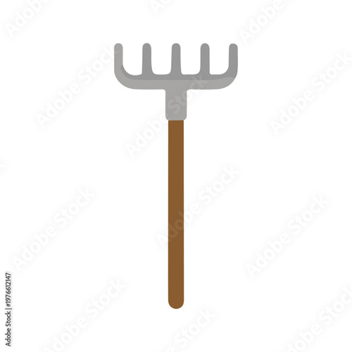 Garden rake illustration with wooden handle, farming and landscaping tool icon in flat vector style