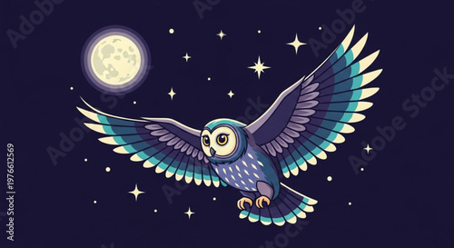 Colorful owl flying under starry night sky with full moon wings spread wide in flight