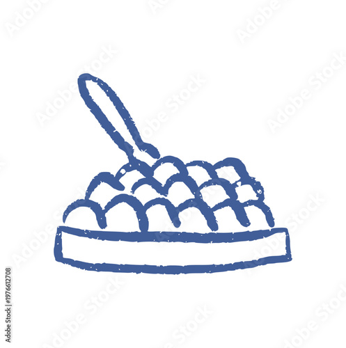 Bowl of Cereal with Spoon, Hand Drawn Crayon Wax, Breakfast Food Doodle, Blue Snack Bowl, Rough Texture Healthy Meal Element