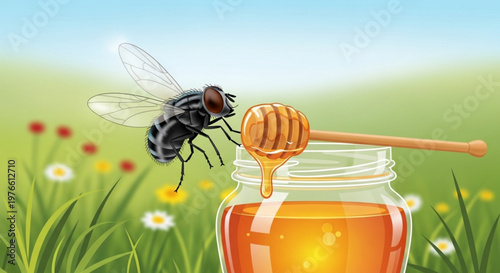 Honeybee approaching honey jar with dipper in a sunny meadow with flowers