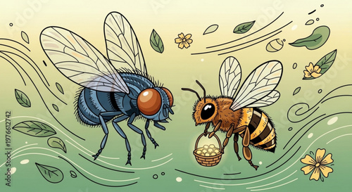 A blue fly and a honey bee interact with a pollen basket amidst swirling leaves and flowers in a whimsical illustration