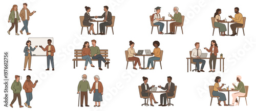 People vector illustration set. collection of diverse groups of men and women communicating.
