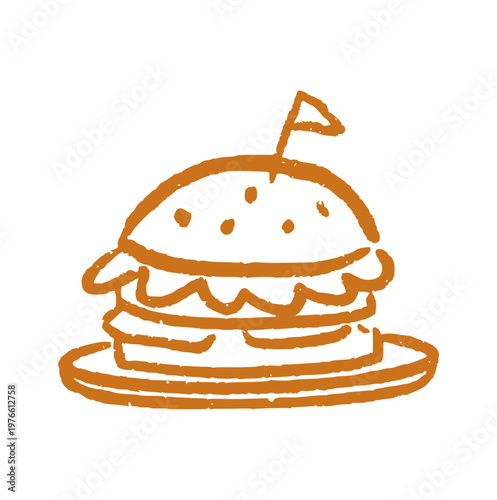 burger on plate with flag, hand drawn doodle fast food, cheeseburger lunch, diner menu icon, crayon wax texture element