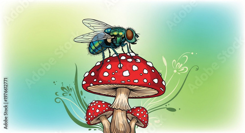 A large fly perches on top of a vibrant red mushroom with white spots surrounded by smaller mushrooms and whimsical green floral elements against a colorful gradient background