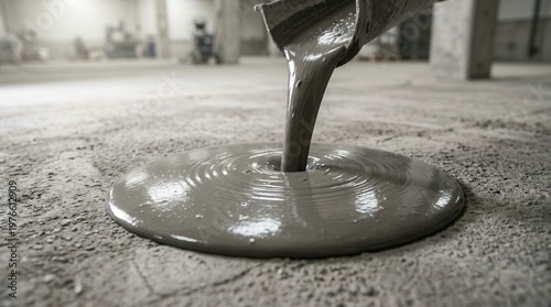 Detail of pouring cement patch into a floor crack, demonstrating wet mortar application for concrete restoration.