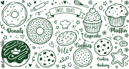 Sweet Treat Delight: An array of charming, hand-drawn illustrations showcasing a delightful variety of delectable sweets. It's a visual feast for the eyes