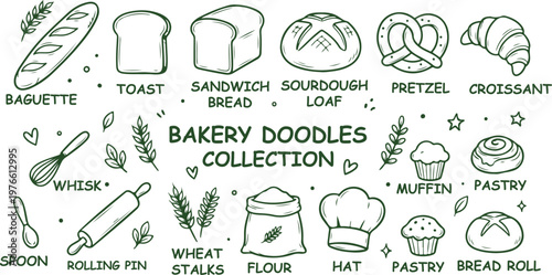 Bakery Doodles Collection: A delightful collection of hand-drawn bakery icons, showcasing a variety of baked goods and baking tools, perfect for culinary and food-related projects.