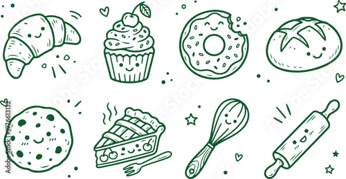 Sweet Treat Doodle Collection: Charming line art of bakery delights and tools, each with its own delightful expression, conveying a sense of warmth and enjoyment. 