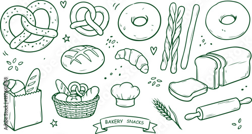 Bakery Snack Assortment: A delightful illustration of various bakery snacks, showcasing an array of treats that epitomize the world of baked goods, from pretzels to bread, bagels to croissants.