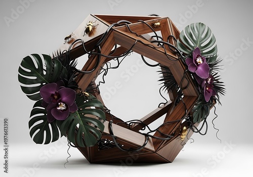 Geometric wooden floral arrangement with orchid and monstera leaves