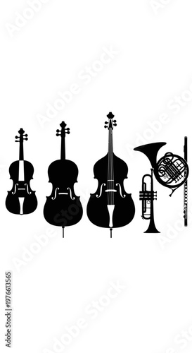Orchestral Instruments Silhouette: Violin, Cello, Double Bass, French Horn, Flute