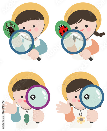 숲 속에서 돋보기로 자연 관찰하는 어린이