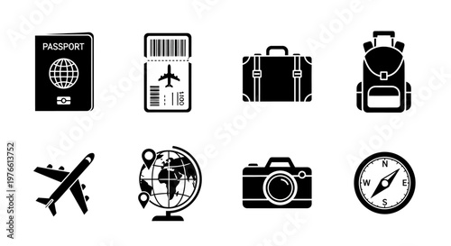 Travel Icons: Passport, Ticket, Suitcase, Backpack, Airplane, Globe, Camera, Compass