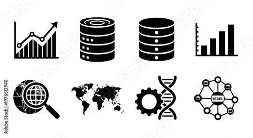 Data Science and Analytics Icons: Graphs, Servers, DNA, World Map, Network