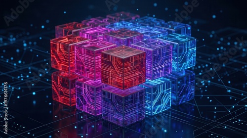 Secure data architecture visualization with a glowing stacked cube grid, illustrating data governance and access control policies.