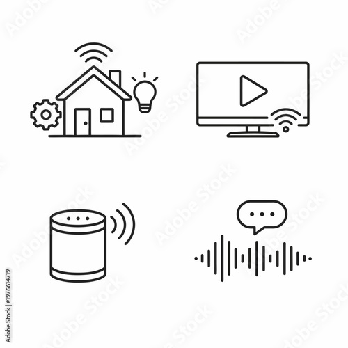Line art icons depicting smart home automation, smart TV, voice assistant, and voice recognition technology.